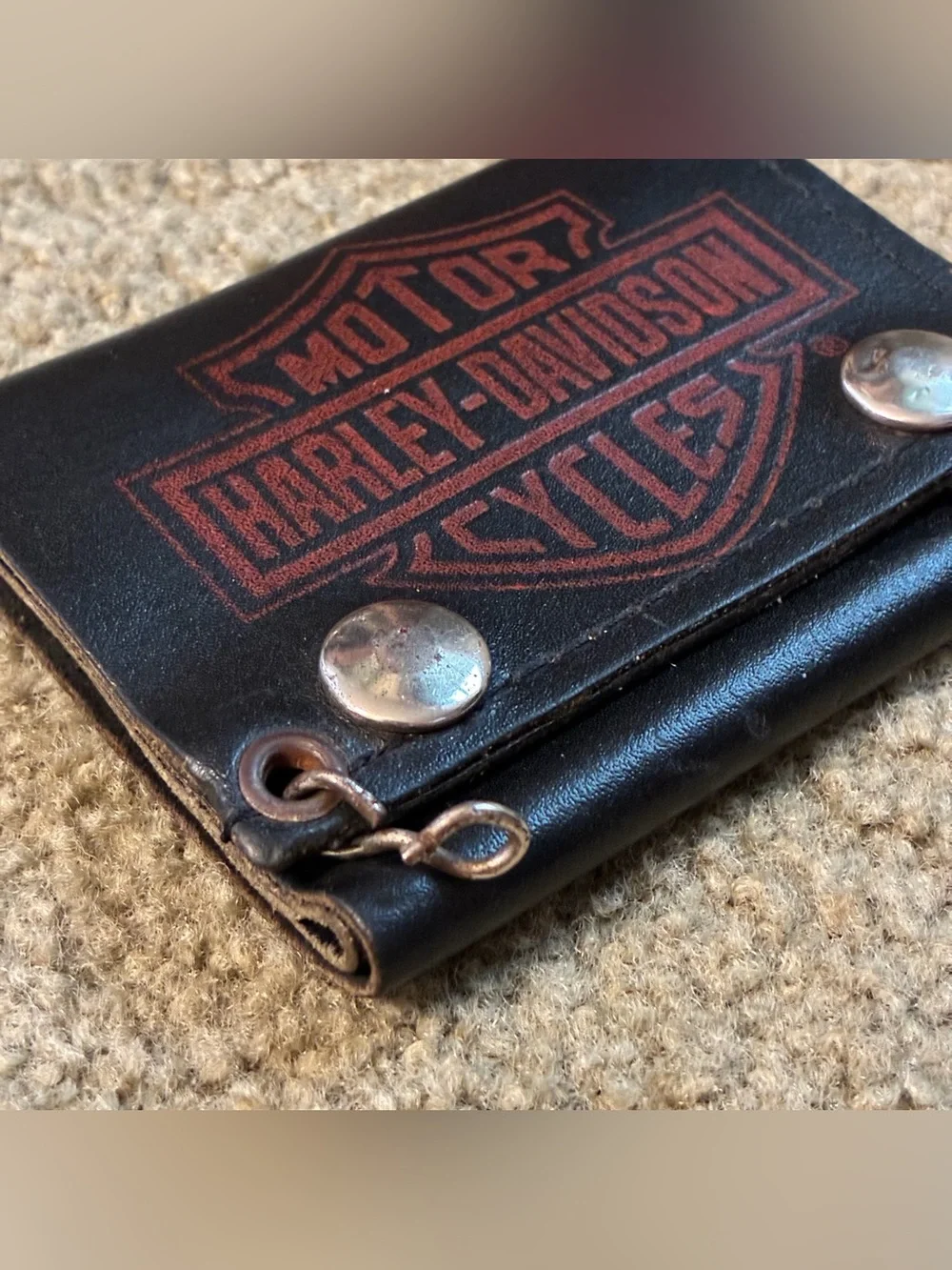 Harley-Davidson Black Leather Trifold Men's Wallet Logo Snap Biker Motorcycle